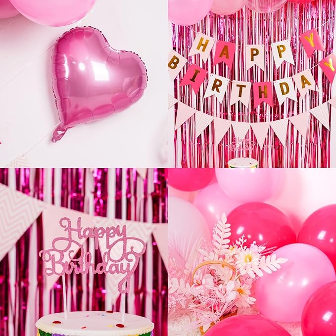 Hot Pink Birthday Decorations for Girls,Happy Birthday Banner Party Decoration Fringe Curtain Heart Foil Balloons for Women Party Decorations