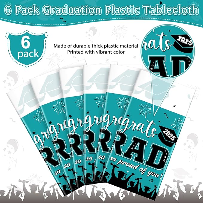 6 Pack Graduation Tablecloth Party Decorations, Class of 2026 Congrats Grad Plastic Tablecover Party Supplies, Teal Rectangle Graduation Table Decorations for College High School Party, 54 x 108 Inch