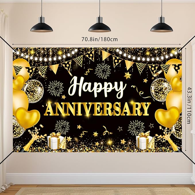 Happy Anniversary Decorations, Black and Gold Happy Wedding Anniversary Party Supplies - Happy Anniversary Banner,Backdrop 5.9 x 3.6Ft with 5pcs Honeycomb Centerpiece for Work Decorations