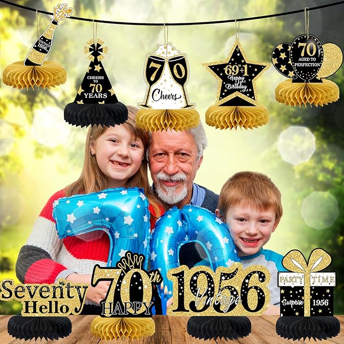 9Pcs 70th Birthday Decorations Honeycomb Centerpieces for Men Women, Black Gold Happy 70th Birthday Centerpieces Tables Toppers Party Decorations Supplies,Vintage 1955 Aged Birthday Table Sign Decor
