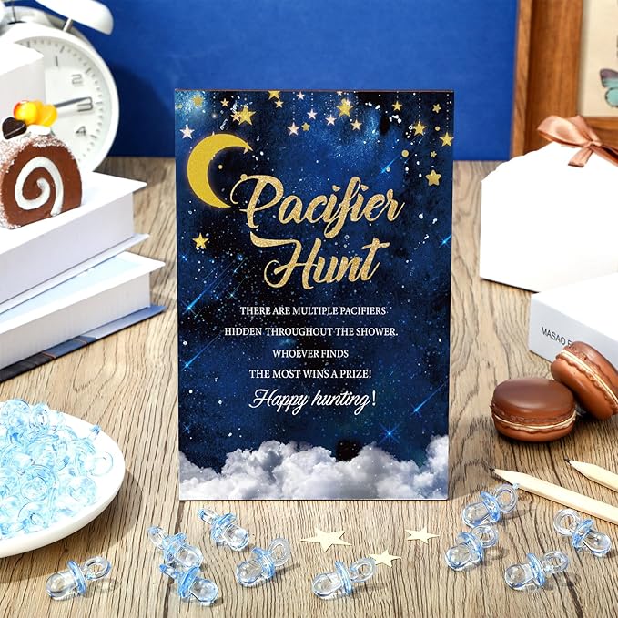 Thyle 51 Pcs Over The Moon Pacifier Hunt Baby Shower Games Include Navy Blue Starry Night Hunt Sign and Acrylic Pacifiers Moon Theme Baby Shower Game Decoration Gift Sets for Gender Reveal Party Decor
