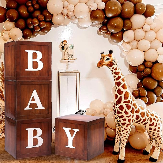 Baby Boxes with Letters for Baby Shower, 4pcs Grain Wood Balloon Boxes for Gender Reveal Birthday Wedding Teddy Bear Baby Shower Decorations (Wood)
