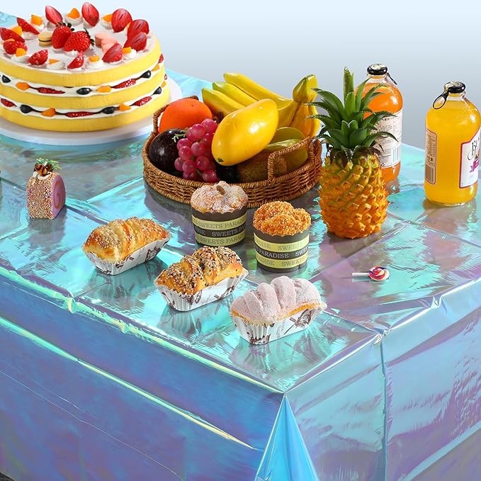 3 Pack Iridescent Blue Plastic Tablecloth, Shiny Blue Disposable Laser Rectangle Table Covers, Blue Holographic Foil Tablecloth Party Decorations for Birthday Bridal Wedding Christmas, 40 x 108 Inch