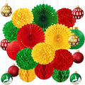 22pcs Christmas Party Decorations Indoor – Red Green Gold Paper Fans, Hanging Lanterns, Honeycombs, Pom Poms, Xmas Ball-Shaped Cards for Holiday, Office Decor