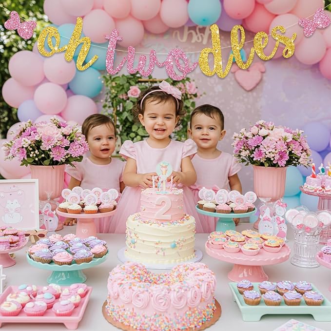 Glitter Pink Gold Oh Twodles Banner Pre-Strung Mouse Themed Cartoon Party Sign Garland 2nd Baby Birthday Decorations Birthday Party Supplies for Boys Girls,NO DIY