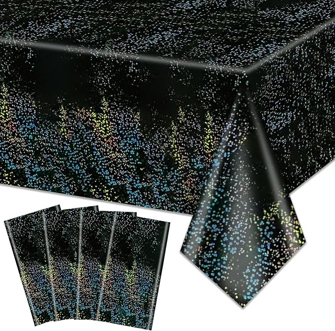 4Pcs Black Holographic Tablecloth Rectangular Black Iridescent Tablecloth Shimmer Metallic Table Covers for Halloween Anniversary Graduation Retirement Party Supplies, 54 x 108inch