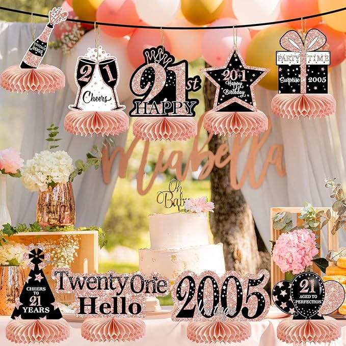9Pcs Rose Gold Pink 21st Birthday Decorations Honeycomb Centerpieces for Girls,Happy 21st Birthday Centerpieces Tables Toppers Party Decorations Supplies,Vintage 2005 Aged Table Sign Decor