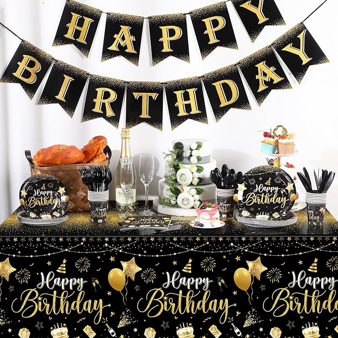 Vesici 171 Pcs Happy Birthday Party Supplies 24 Set Disposable Party Tableware include Plates Cups Napkins Cutlery and Banner Tablecloth Birthday Dinner Decorations for Men Woman(Black, Gold)