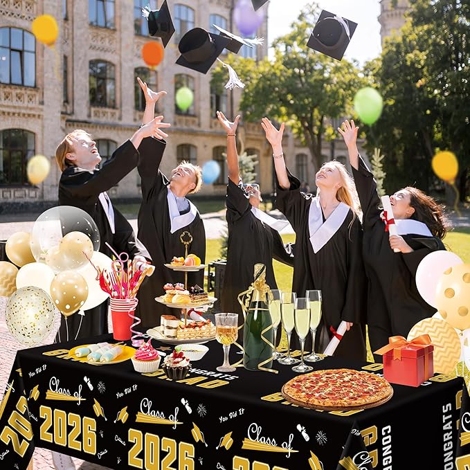 OHOME Graduation Decorations 2026-2026 Graduation Party Decorations - Disposable Plastic Black and Gold Tablecloth for Class of 2026 Decorations Party Favors Banner,54" X 108",2 Pack