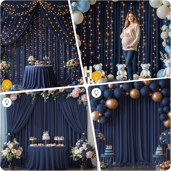 10 x 10ft Navy Blue Backdrop Curtains with Lights String for Wedding Polyester Photo Backdrop Drapes Wrinkle Free White Curtains Backdrop for Birthday Parties Reception Baby Shower Ceremony, 2 Panels
