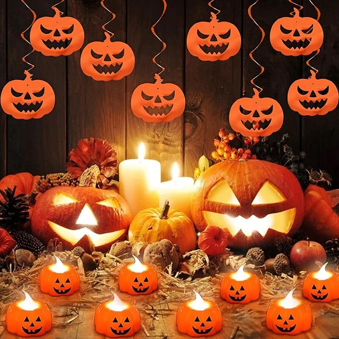 BEISHIDA Halloween Pumpkin Hanging Decorations - Orange Swirls, Horror Party Supplies for Pumpkin Theme Party Favors (15pcs)