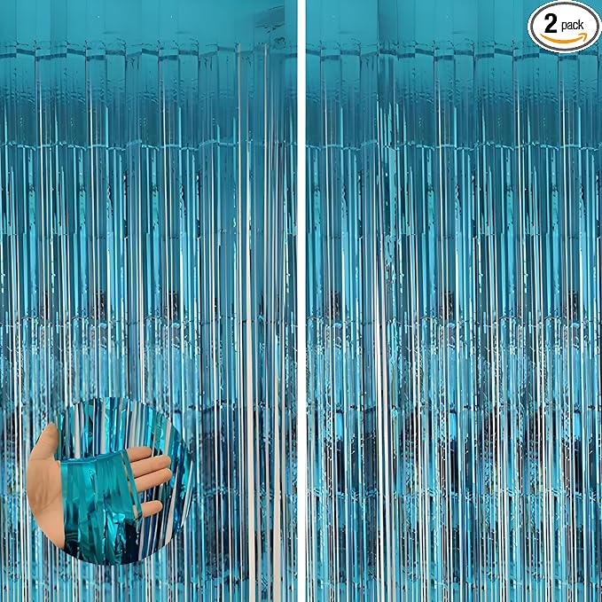 Valentines Day 2 Pack 3.3 * 8.3 ft Foil Curtain Metallic Tinsel Fringe Curtains Photo Booth Props Backdrop for Birthday Wedding Engagement Baby Shower Christmas Holiday Celebration Partyl,Light Blue
