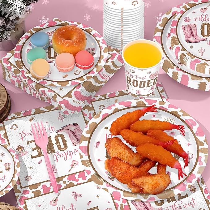 120pcs My First Rodeo Party Supplies Western Cowgirl Plates Napkins 1st Rodeo Tableware Set Paper Cups Pink Forks Western Birthday Party Decorations for Wild West Cowgirl Celebrations 24 Guests