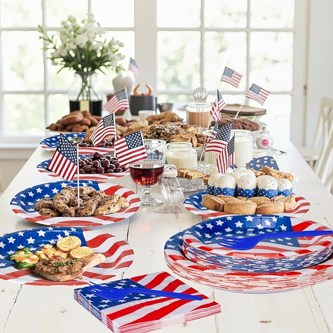 American Flag Patriotic Party Supplies - 4th of July Paper Plates, Napkins and Forks Set, Disposable Dinner Dessert Plates and Napkins for Memorial Day Independence Day Table Decorations, Serves 24