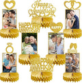 8Pcs Gold Happy Wedding Anniversary Decorations Honeycomb Centerpiece, Gold Glitter Anniversary Photo Table Centerpiece Party Supplies, 25th 30th 40th 50th 60th Gold Anniversary Table Topper