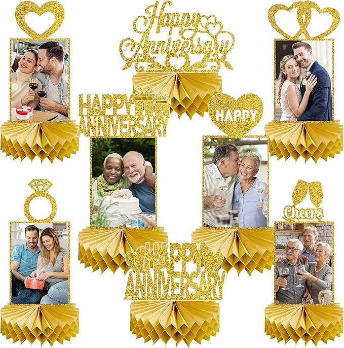 8Pcs Gold Happy Wedding Anniversary Decorations Honeycomb Centerpiece, Gold Glitter Anniversary Photo Table Centerpiece Party Supplies, 25th 30th 40th 50th 60th Gold Anniversary Table Topper