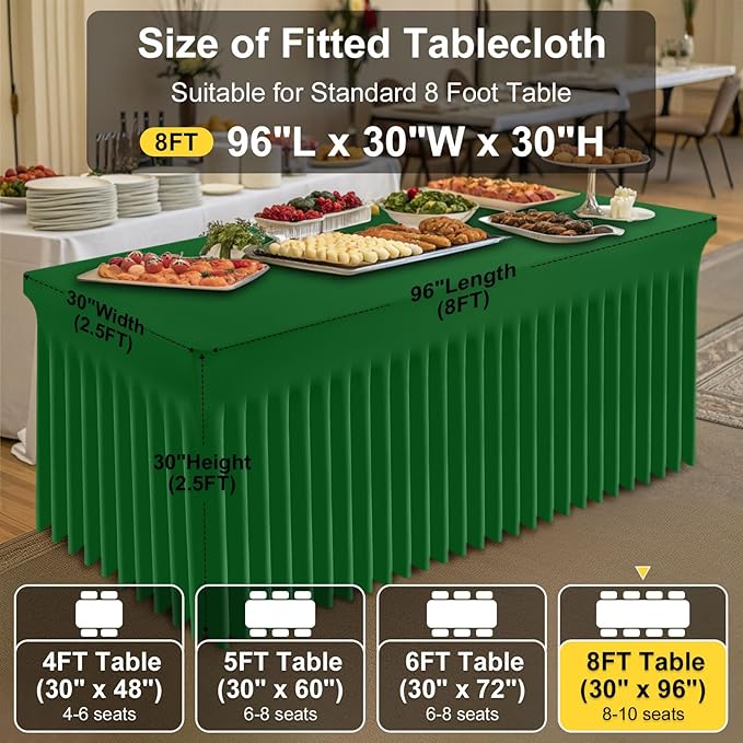 Smiry Spandex Tablecloth 2 Pack, Elastic Fitted Stretch Tablecloth for 8FT Rectangle Tables, Waterproof Washable Table Cover Skirt for Wedding, Banquet & Parties (Emerald Green, 96Lx30Wx30H Inch)