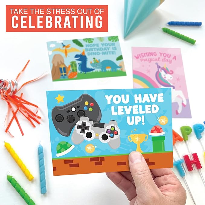 Hadley Design Happy Birthday Cards for Kids with Envelopes - 24 Assorted Kids Birthday Cards Bulk for Classroom, Generic Children Greeting Card Pack for Students, Blank Bday Notecards, Designed in USA