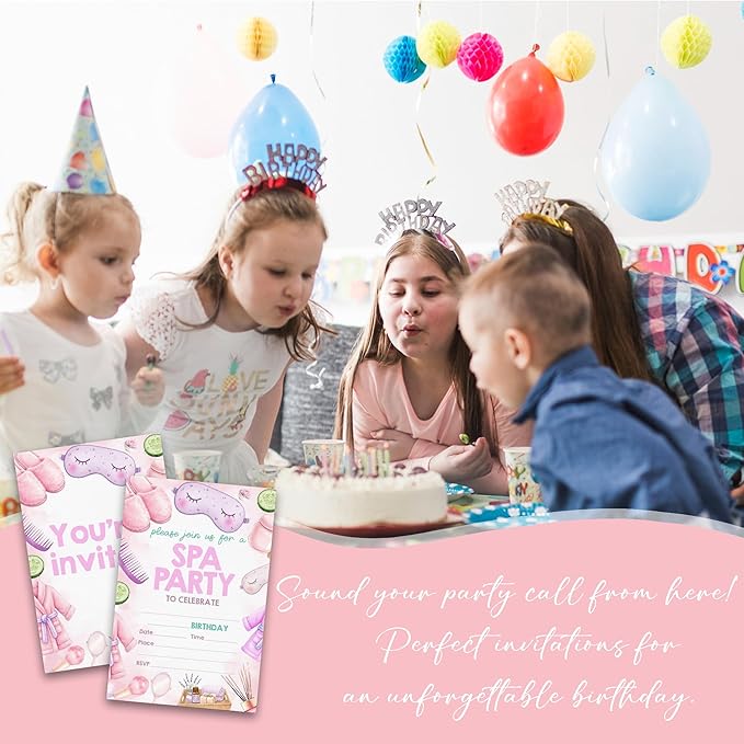 Spa Birthday Party Invitations - 20-Pack of 4''x6'' Invite Cards with Envelopes, Double-Sided Fill In Birthday Party Celebrate Supplies & Decoration For Girls Women Teens - A05