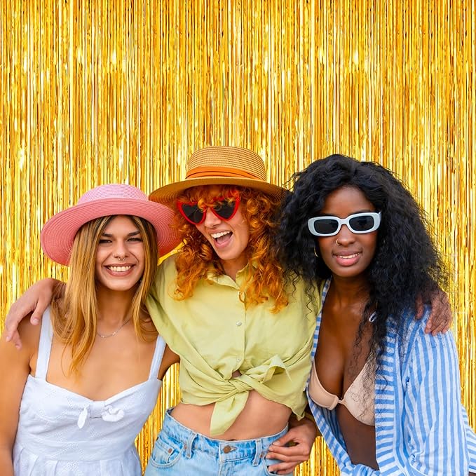 2 Pack Gold Foil Fringe Curtains, 3.3ft x 6.6ft Streamer Foil Curtain, Tinsel Backdrop for Birthday Party, Christmas Decor, Wedding Engagement Baby Shower Bachelorette Party Decorations