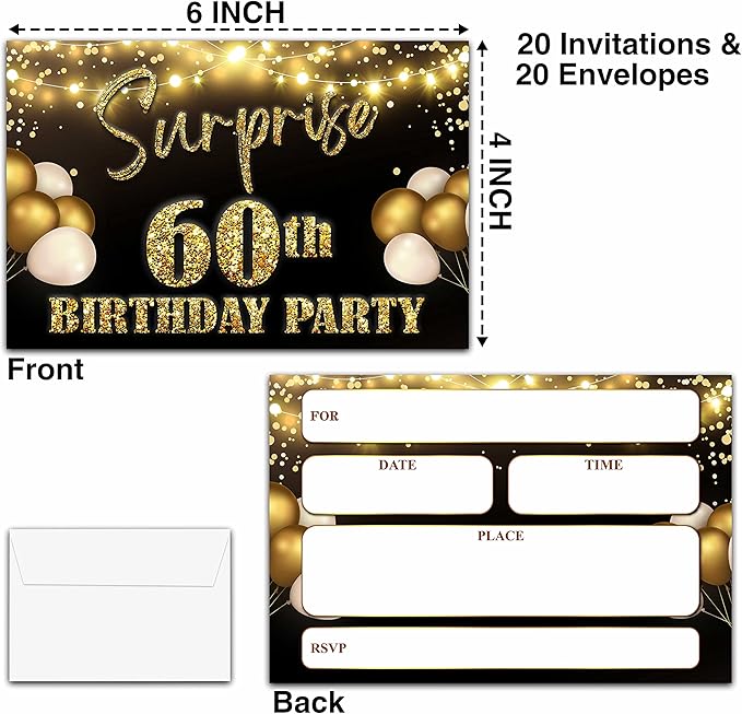 YSTEP 60th Birthday Party Invitations, 20 Black Gold Invite Cards with Envelopes, 4"x6" Foil Balloon Birthday Invites - B11