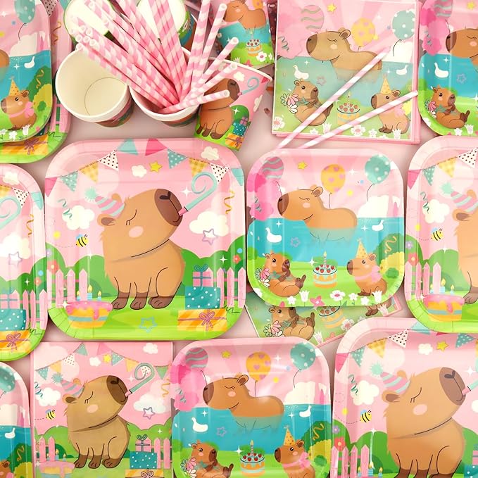 Pink Capybara Party Decoration - Capybara Birthday Party Tableware Supplies Includes Plates, Cups, Napkins, Tablecloth, Straws (40)