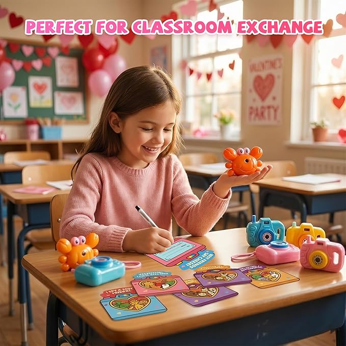 Valentines Day Cards for Kids School – 28 Pack Kids Viewfinder Toy Cameras with Greeting Cards, Classroom Exchange Valentine Gifts for Boys and Girls, Cards + Toys Bulk Set for School Valentine Party