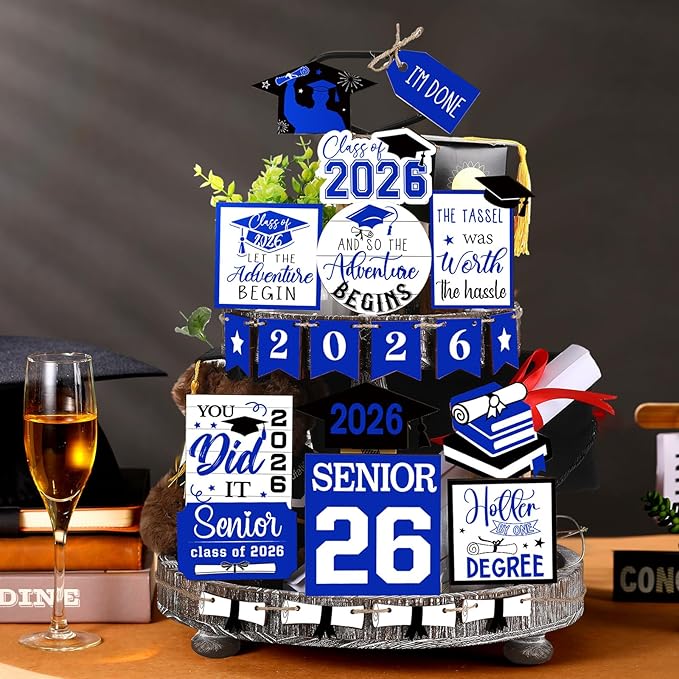 22 Pcs 2026 Graduation Tiered Tray Decor Sets Wooden Graduation Class of 2026 Table Decorations Senior 2026 Gown Diploma Farmhouse Signs for Home Shelf Party Office Desk(Blue)