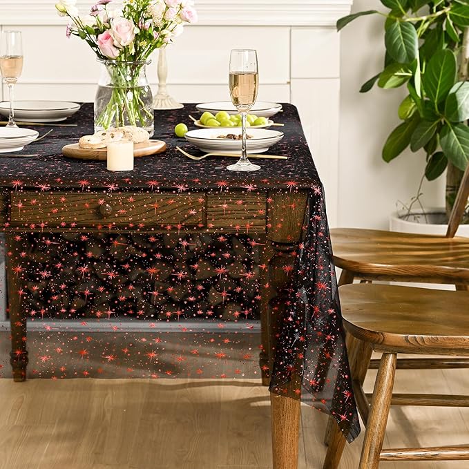 Horaldaily Black Red Gold Sparkling Star Gauze Tablecloth 60x84 Inch Rectangular, Red Star Sequin Glitter Metallic Foil, Sheer Tulle Cheesecloth for Wedding Baby Shower Party