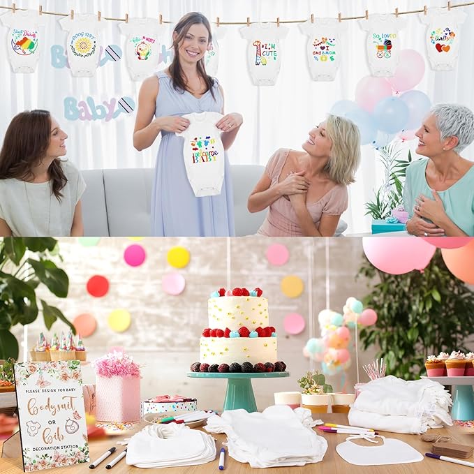201 Pcs Baby Shower Set Baby Shower Game Sign Baby Bib Bodysuit White Baby Bib Newborn Bodysuit Baby Shower White Decorating Kit(PinkFlowerButterfly)
