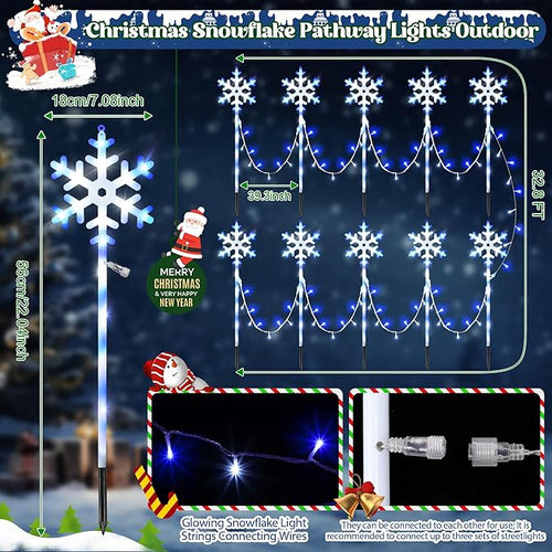 10 Pcs Christmas Snowflake Pathway Stake Lights for Outdoor Yard, 370 Bright LEDs Waterproof Large Christmas Snowflake Light Decoration for Garden Lawn Driveway Walkway Decor (Blue White)