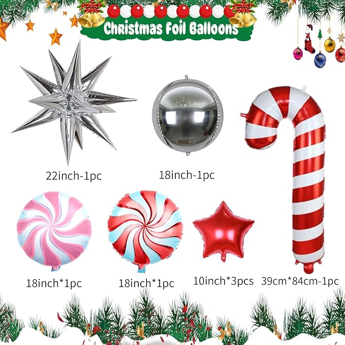 Christmas Balloon Garland Arch Kit, 107PCS Red Pink Green Balloons Arch with 4D Silver Balloon, Xmas Candy Cane Windmill Silver Explosion Star Foil Balloons for Christmas New Year Party Supply