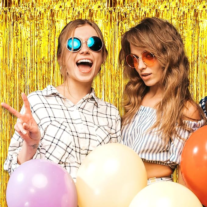 3 Pack Gold Foil Fringe Curtain Backdrop, 3.28Ft x 6.6Ft Metallic Tinsel Foil Fringe Streamer Curtains for Photo Booth, Christmas Day, Thanksgiving, Wedding, New Year Party Decorations