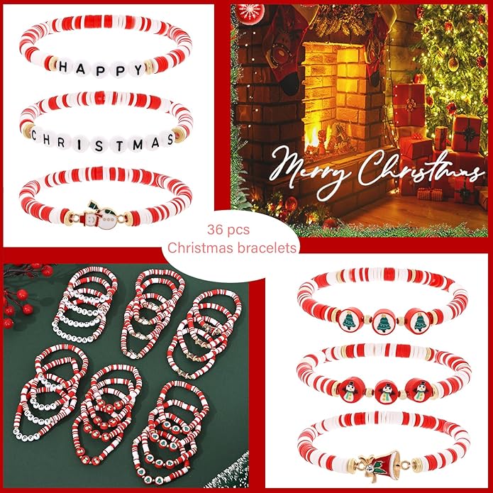 Cooluckday 36 Pcs Holiday Heishi Surfer Bracelets for Women Bulk Easter Mother's Day Christmas St. Patrick's Day Mardi Gras Bracelet Stackable Stretch Friendship Bracelets Set