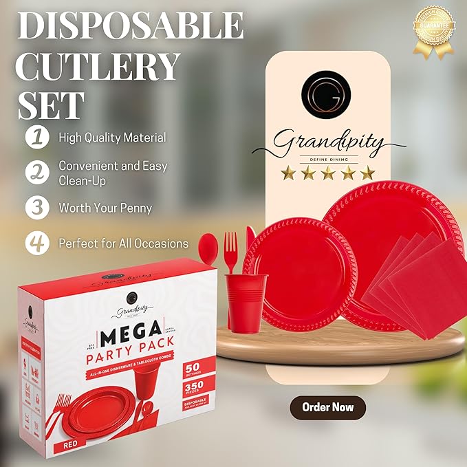 350 Piece RED Disposable Dinnerware Set 50 Guests, Plastic Party Plates And Cups And Napkins Sets - 50 Count 9" Dinner Plates, 7" Dessert Plates, 12oz Cups, Paper Napkins, Forks, Knives & Spoons