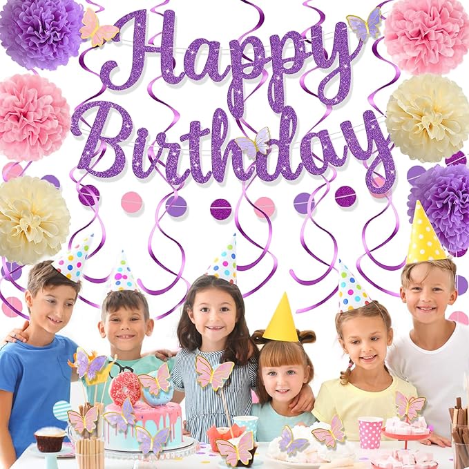 Pink Purple Birthday Decorations, Happy Birthday Banner and Paper Pompoms, Hanging Swirls, Circle Dots Garland, Butterfly Stickers Cake Toppers for Girls Women Party Decorations