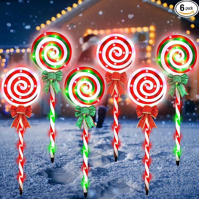 6 PCS Christmas Pathway Lights Outdoor Decorations, 28 Inch Lollipop Walkway Stake 8 Lighting Modes Flickering Candy Marker Waterproof Outside Christmas Decor for Garden Yard Lawn (Red Green)
