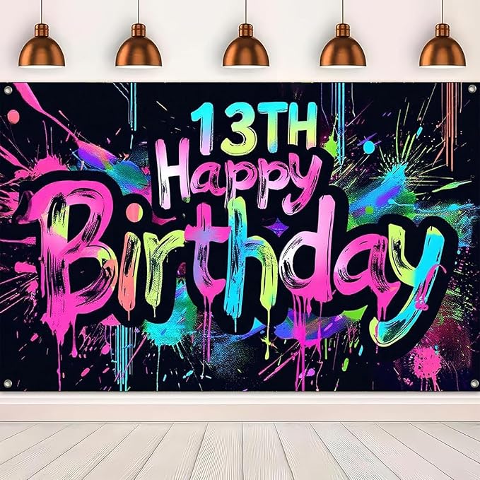 Neon 13th Happy Birthday Banner 71x43 Inch Paint Splatter Glow in The Dark Party Backdrop Colorful Wall Decor for Teens Boys Girls Thirteenth Birthday Celebrations Props Event Supplies