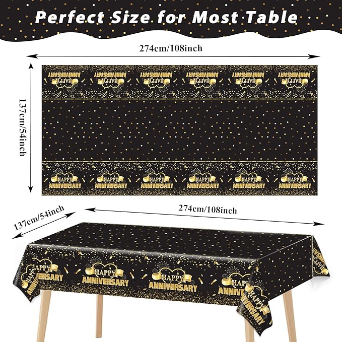 Tevxj 3 Pack Happy Anniversary Tablecloth Disposable Anniversary Party Decorations Black Gold Dot Confetti Table Covers Party Supplies for Rectangle Tables Favors for Guests 54 x 108 Inch