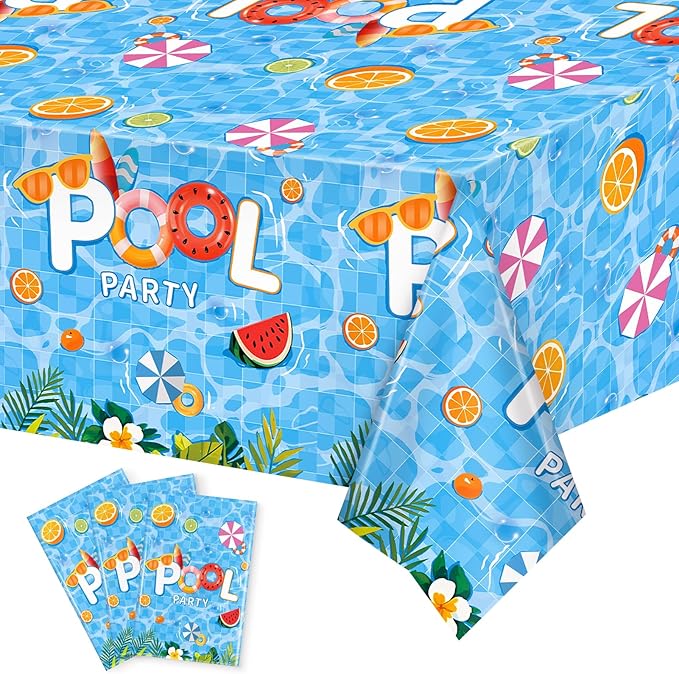 3pcs Pool Party Table Cloth Disposable, Waterproof Summer Tablecloth for Beach Swimming Pool Summer Birthday Party Dining Table Decor 54 X 108 Inch