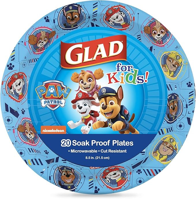 Glad for Kids Paw Patrol Disposable Paper Plates, Heavy Duty Soak Proof Microwavable Kids Plates for Parties, Birthdays, and Everyday Meals, Core Pups Blue, 8.5 Inch, 20 Count
