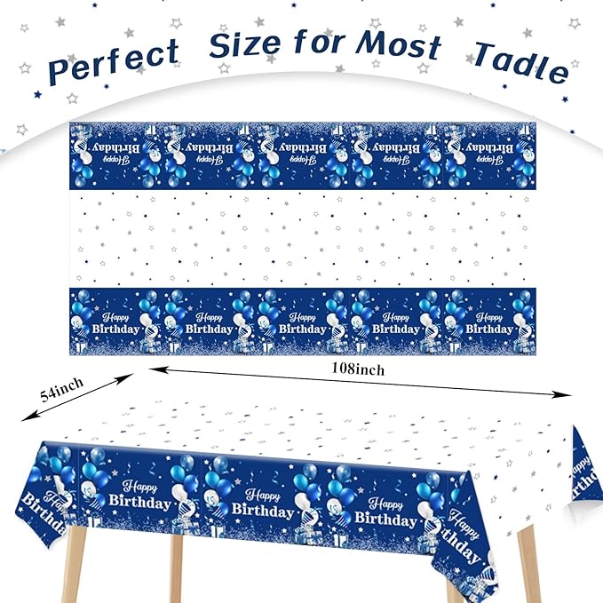3 Pack Navy Blue Party Supplies Happy Birthday Tablecloths Disposable Rectangle Plastic Table Covers Blue and Silver Confetti Stars Tablecloths for Kids Boys Girls Birthday Party Decorations 54x108''
