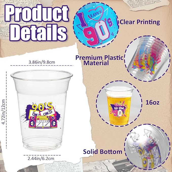 90s Theme Party Decoration Cups, 50 Pcs 16 OZ Disposable Plastic Cups for Retro Music Hip Hop Throwback Dance Back to 90's Birthday Party Favor Supplies