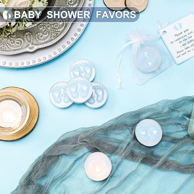 Treela 20 Sets Baby Shower Party Favors Blue Tea Lights Candles with Organza Bag for Guests Cute Feet Shaped Burning Thank You Tags Return Gifts Keepsakes for Baby Shower Gender Reveal Party