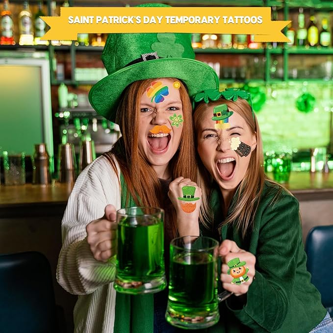 Xzentira 91pcs St. Patrick's Day Glitter Temporary Tattoos, Shamrock Face Tattoos Clover Body Stickers for Irish Party Favors, Lucky Saint Patricks Day Accessories for Parades & Holiday Decorations