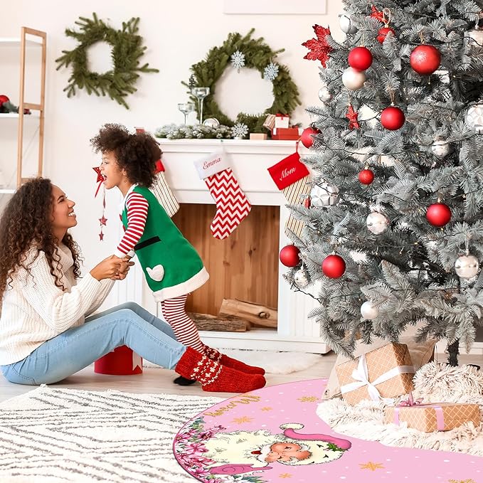 48 Inch Christmas Tree Skirt Double Layer Large Snowflake Xmas Tree Mat Decor for Winter Holiday Party Indoor Outdoor Christmas Decorations(Pink,Santa Claus)