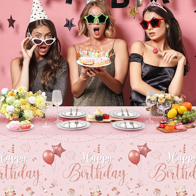 Tudomro 3 Pcs Happy Birthday Tablecloths Happy Birthday Party Decorations Plastic Table Cover Rectangular Cloths for Women Men Baby Shower Party Supplies, 108 x 54 Inch (Pink Rose Gold)