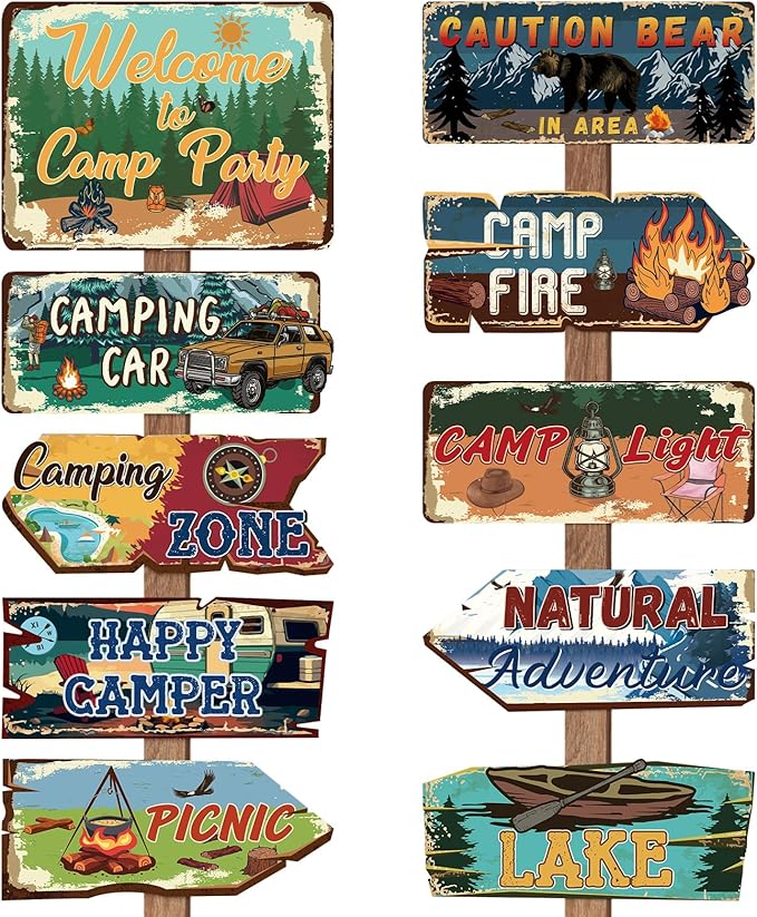 Hooqict 20 Pieces Camping Party Decorations Camping Themed Party Directional Signs for Summer Camp Day Classroom Welcome to Camp Birthday Decor Picnic Yard Sign