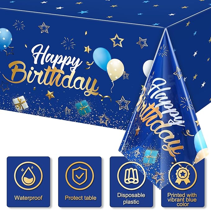 Tegeme Navy Blue Party Supplies Stars Happy Birthday Tablecloths Starry Confetti Table Covers for Kids Boys Girls Baby Shower Birthday Party Decorations(Navy Blue and Gold,2 Pack)