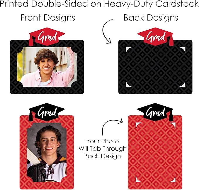 Big Dot of Happiness Red Graduation Photo Display Centerpiece Kit - 15 Double-Sided Photo Table Topper Sticks, Vertical and Horizontal 4x6 Picture Holders, DIY Party Decoration Set